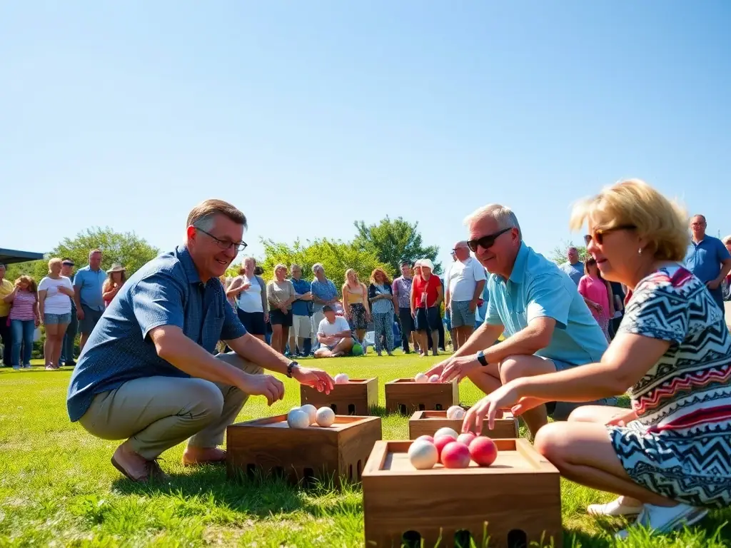 A cheerful outdoor scene showing families and seniors playing pétanque and traditional games in a leafy village square, with laughter and friendly competition highlighting the joy of shared recreation.