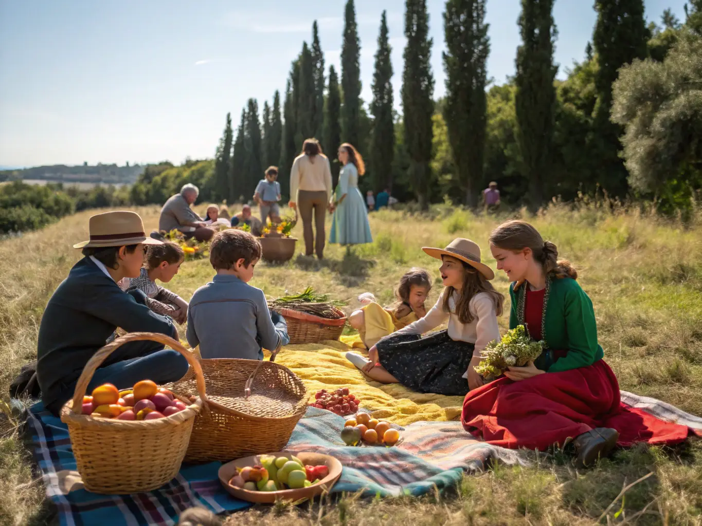 A lively outdoor scene in the village square with families, seniors, and youth enjoying a community picnic, local musicians performing, and volunteers organizing games and activities under festive banners.