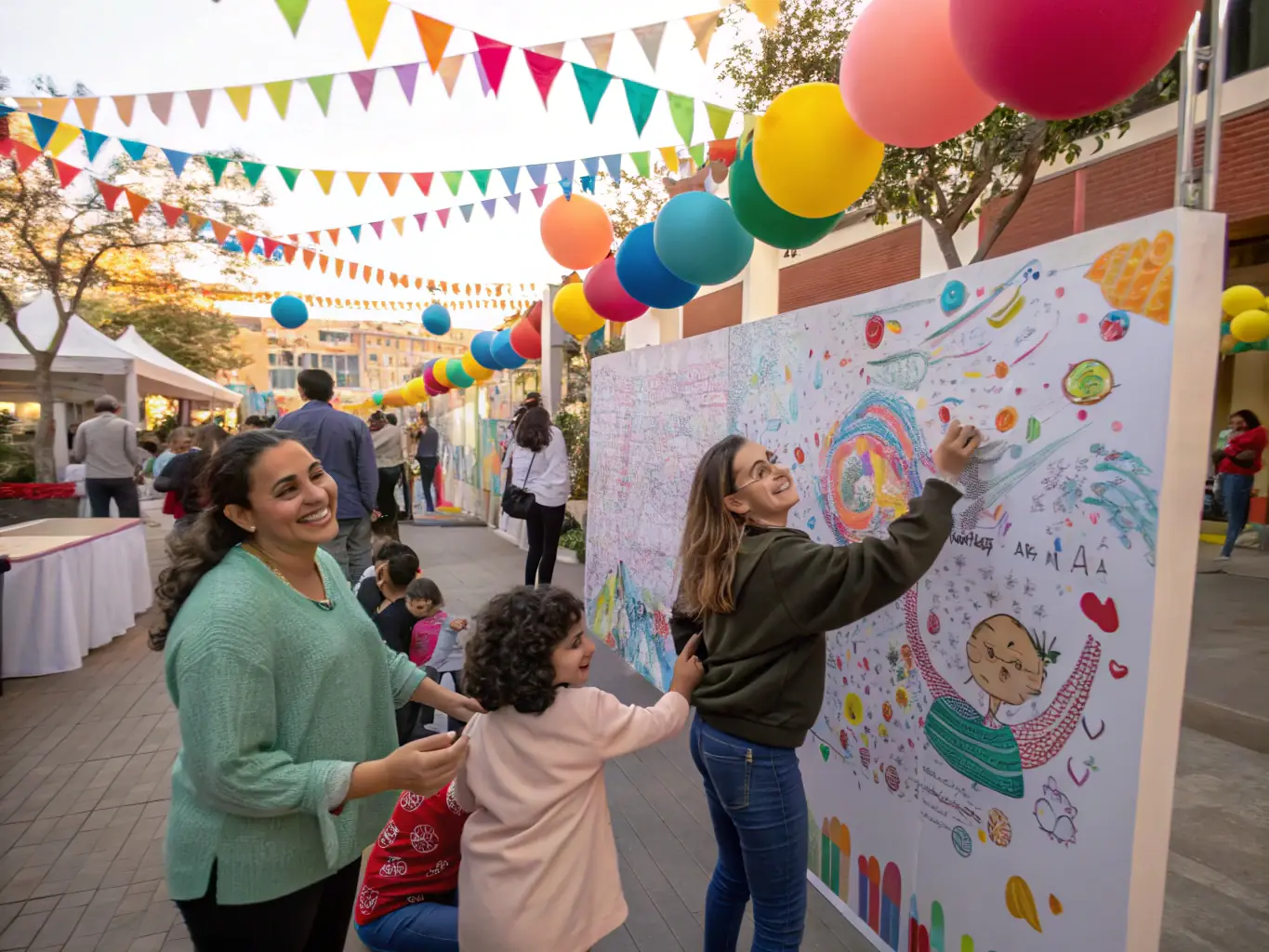 A group of adults and children gathered around a long table in a bright community hall, participating in an art workshop with paints, brushes, and colorful paper, all smiling and engaged in creative activities.