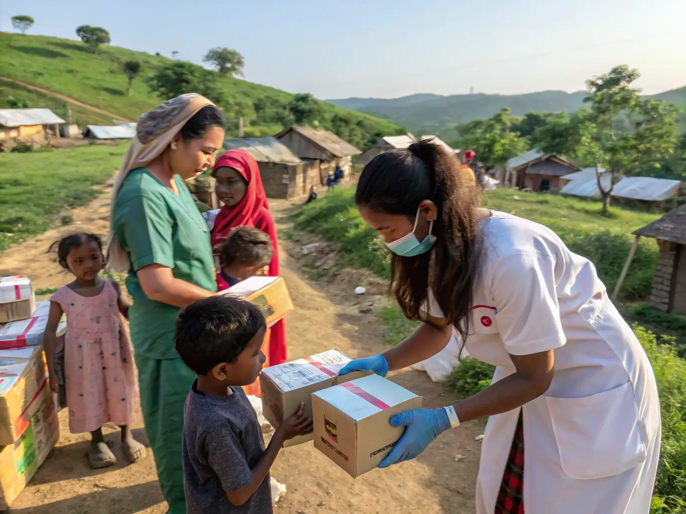 A small group of volunteers distributing food baskets and essential supplies to elderly residents at their doorsteps, with warm smiles and friendly interactions, set against the backdrop of a rural village street.