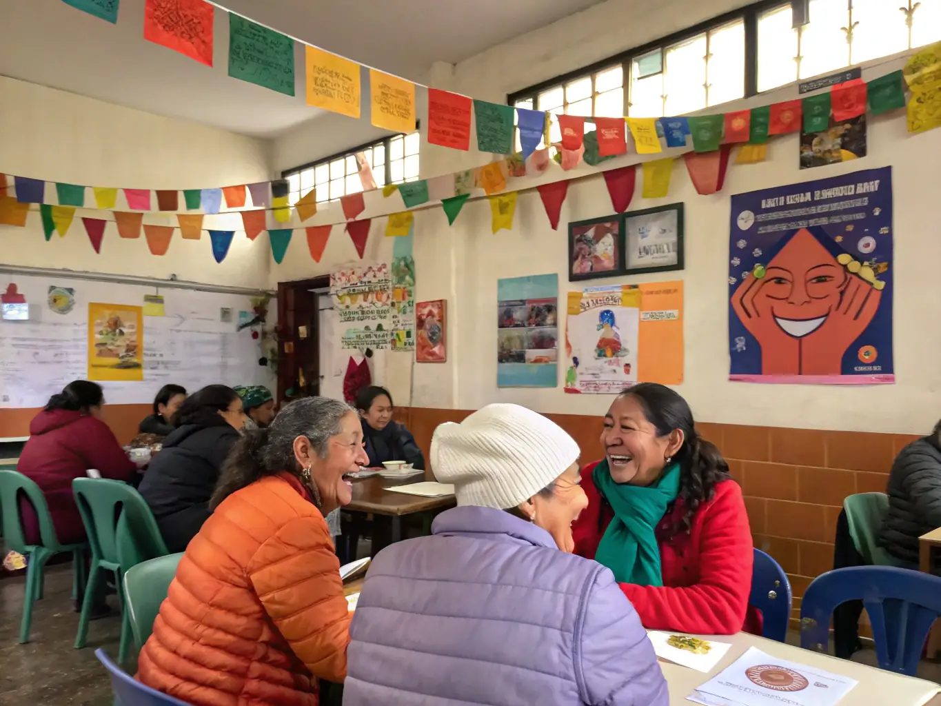 A warm, candid moment of volunteers distributing food baskets and chatting with elderly residents at a community center, emphasizing compassion, support, and genuine human connection.