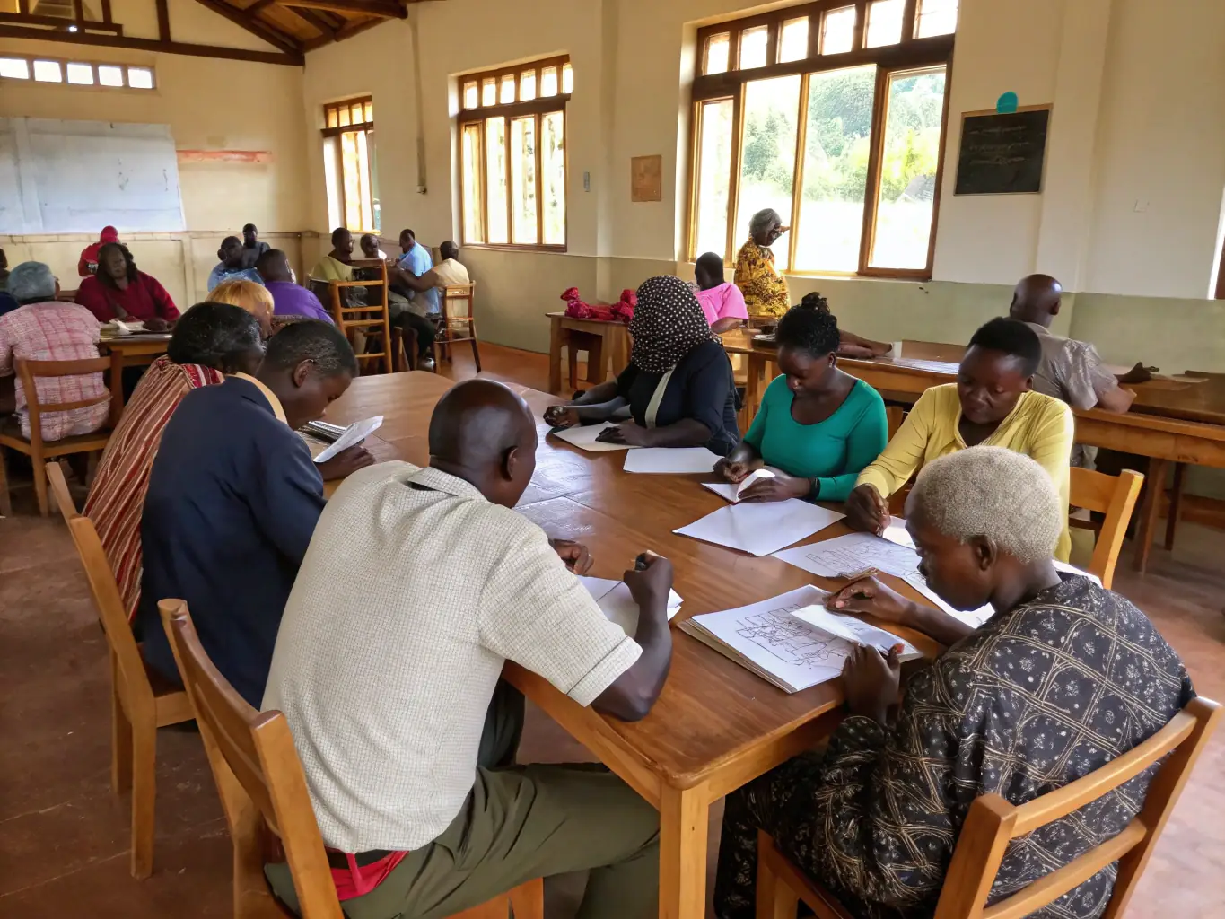 A lively scene of adults and children gathered around tables, painting and crafting together in a sunlit village hall, with colorful artwork displayed on the walls, representing a community art workshop.