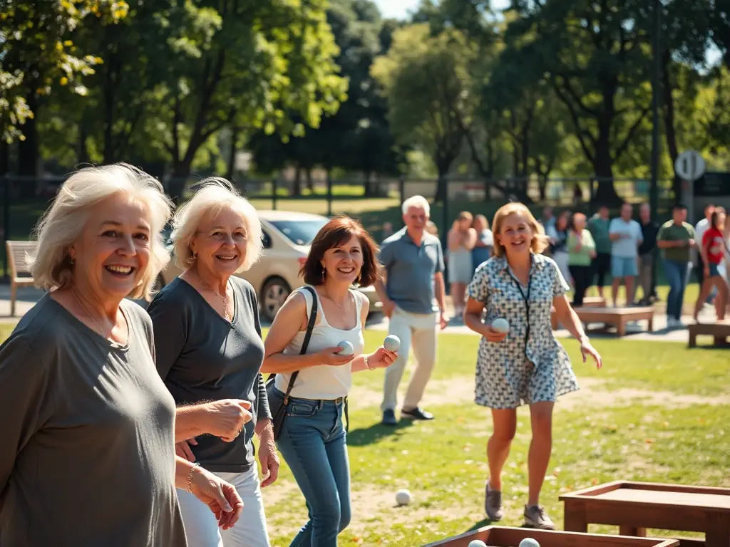 A cheerful group of villagers playing pétanque outdoors in a leafy park, with laughter and friendly competition, capturing the spirit of recreational activities in a rural French setting.