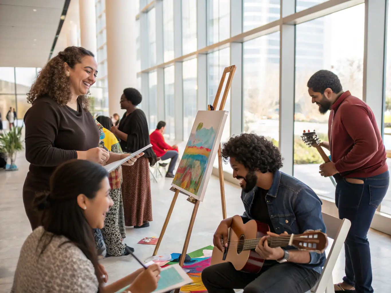 A group of villagers of all ages participating in a lively painting workshop inside a bright community hall, with colorful artworks displayed on easels and tables, capturing the spirit of creativity and togetherness.