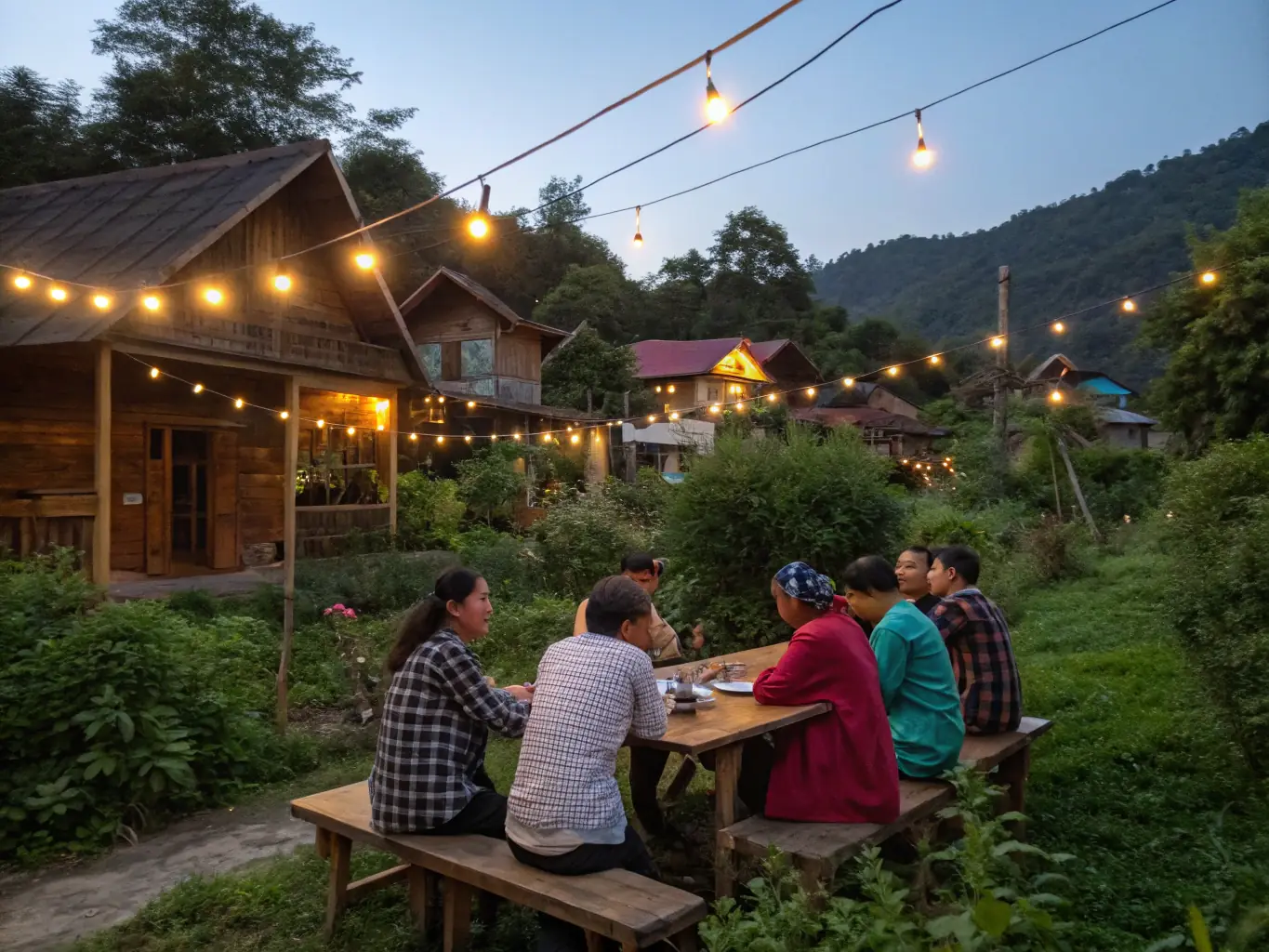 A warm, inviting image of community members sharing a meal at a long table during a village social evening, with homemade dishes and lively conversation, reflecting local traditions and togetherness.